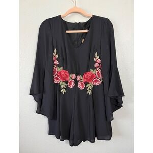HAODUOYI Black Floral Embroidered Romper Bell Sleeve V-Neck Chiffon XL